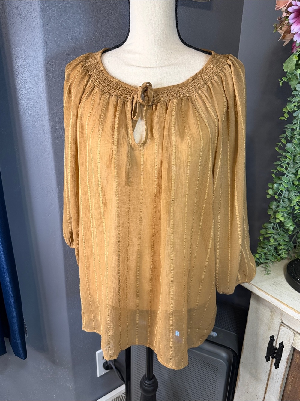 torrid Mustard Peasant Tunic with Tie Neck (Sheer)